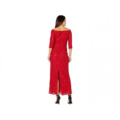Alex Evenings Petite Long Off-the-Shoulder Sequin Lace Column Dress