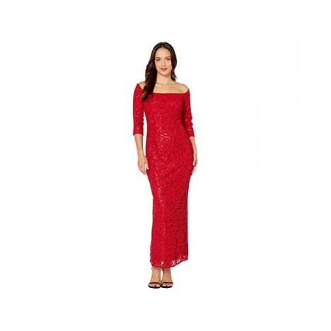 Alex Evenings Petite Long Off-the-Shoulder Sequin Lace Column Dress