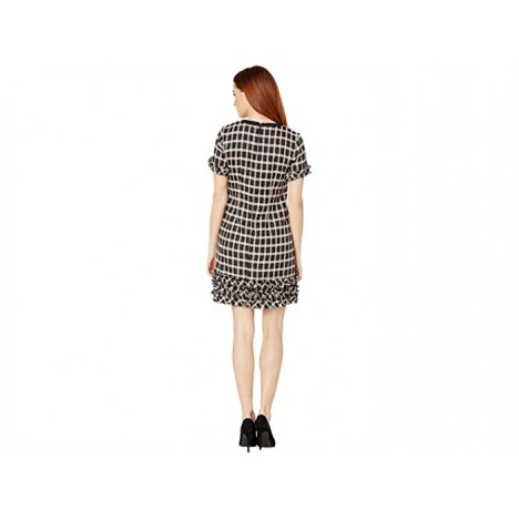 CeCe Short Sleeve V-Neck Grid Tweed Dress with Tie