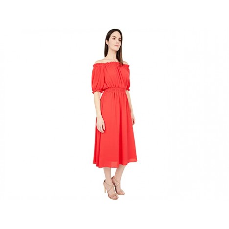 London Times Catalina Crepe Off-the-Shoulder Puff Sleeve Midi Dress
