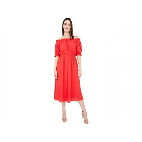 London Times Catalina Crepe Off-the-Shoulder Puff Sleeve Midi Dress