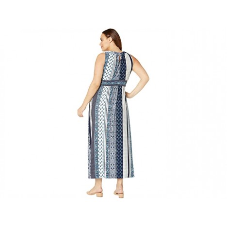 London Times Plus Size Mixed Motif Stripe Jersey Maxi Dress