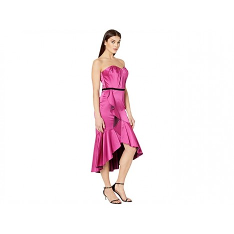 Marchesa Notte Strapless Draped Sweetheart Stretch Satin Hi-Lo Cocktail