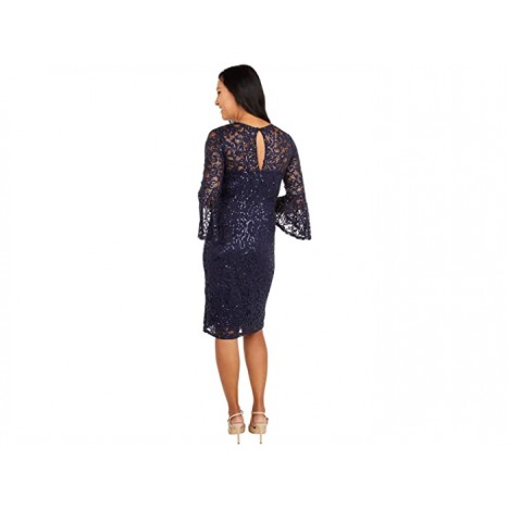 MARINA Sequined Lace Bell Sleeve Short Dress