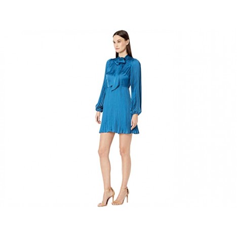 ML Monique Lhuillier Long Sleeve Pleated Dress with Tie Neckline