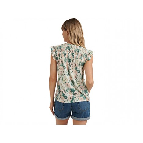 Lucky Brand Sleeveless Button-Up Smocked Printed Top