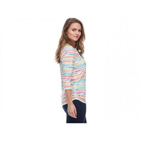 FDJ French Dressing Jeans Painted Rainbow Stripe Notch Crew 3 4 Sleeve Top